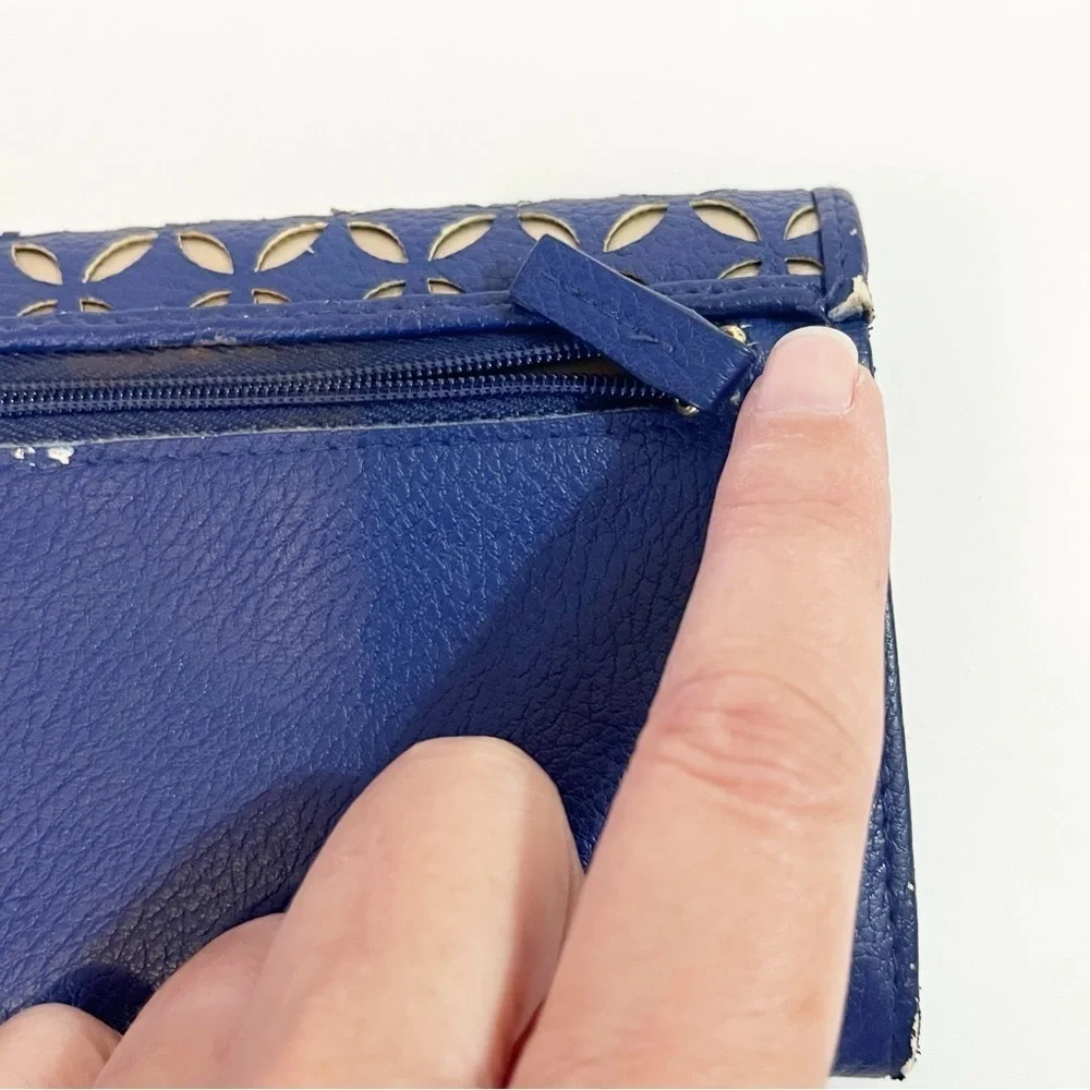 Buxton Womens Wallet Blue & Gold Lazer Cut Organizer Travel Zipper ID Holder